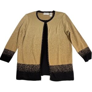 Alfred Dunner Gold Black Metallic Knit Studded Trim Cardigan Sweater Top S NWT